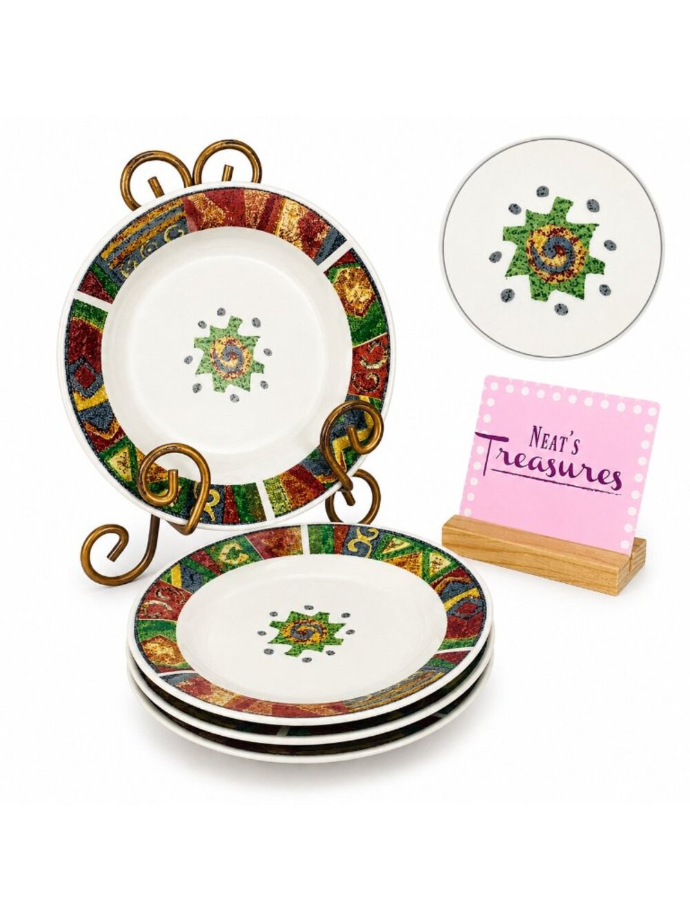 Oneida Casual Settings SAND COLORS Stoneware Circles Dots Salad Plates Set of 4